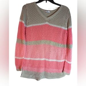 Croft & Barrow Pink ,coral and Tan V-Neck Women's Sweater Size M Casual Fall